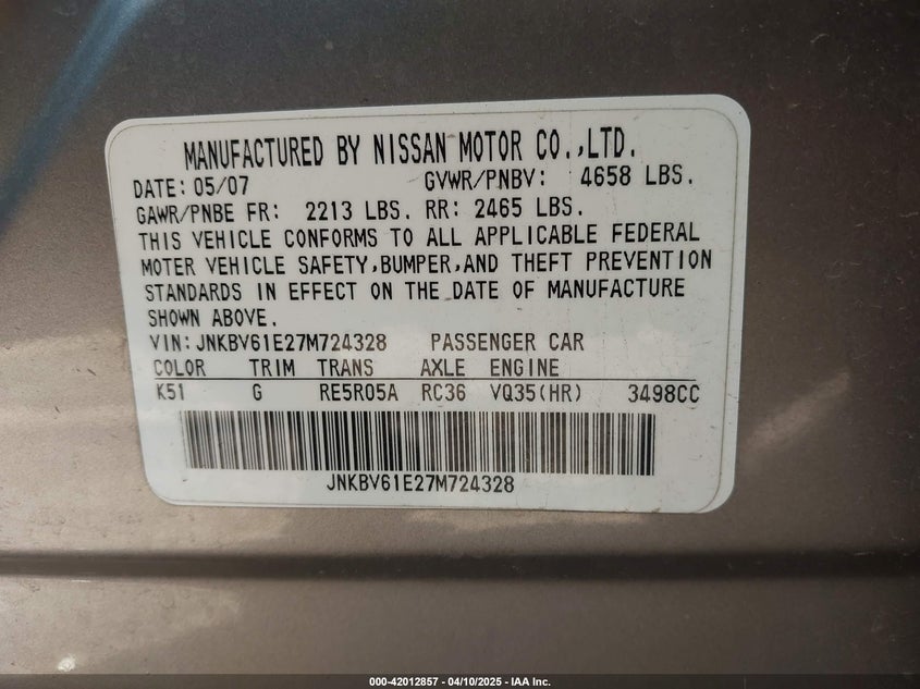 2007 INFINITI G35 VIN: JNKBV61E27M724328