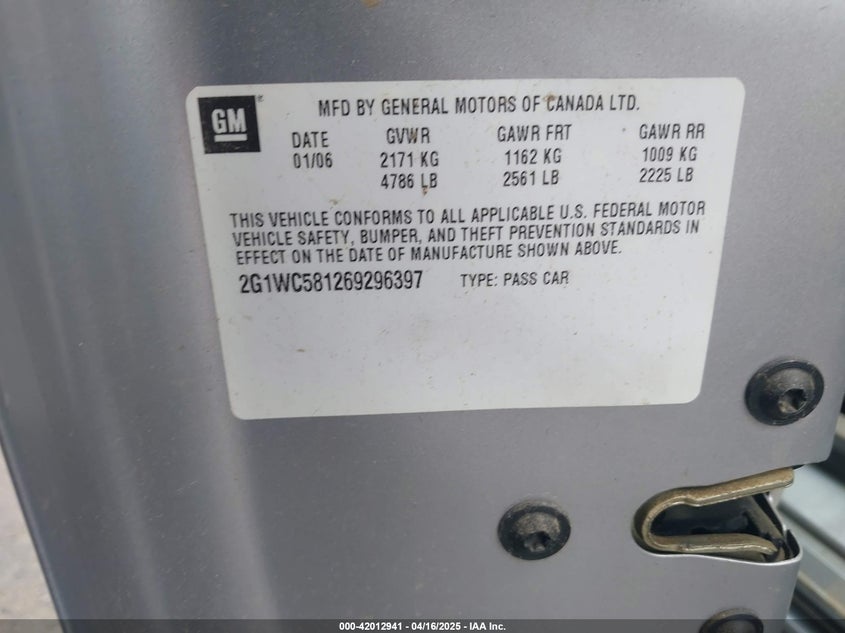 2006 CHEVROLET IMPALA VIN: 2G1WC581269296397