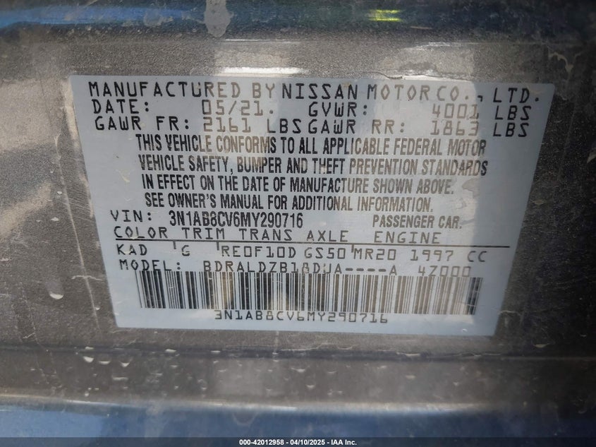 VIN 3N1AB8CV6MY290716 2021 NISSAN SENTRA SV XTRONIC CVT