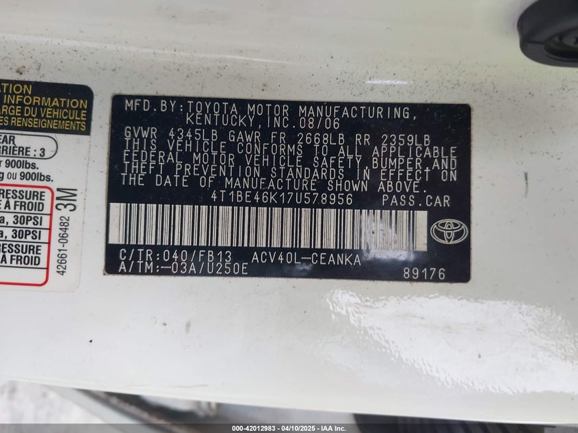 2007 TOYOTA CAMRY VIN: 4T1BE46K17U578956