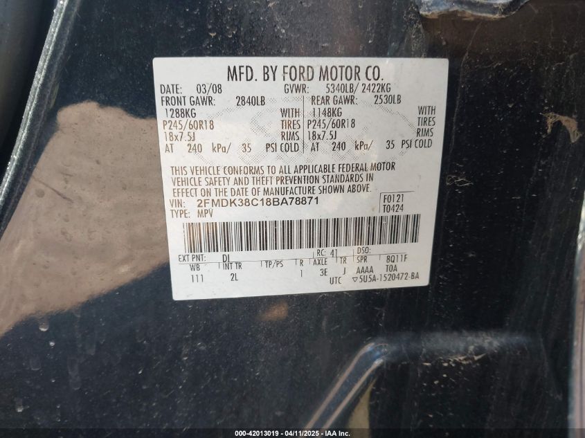 2008 Ford Edge Sel VIN: 2FMDK38C18BA78871 Lot: 42013019