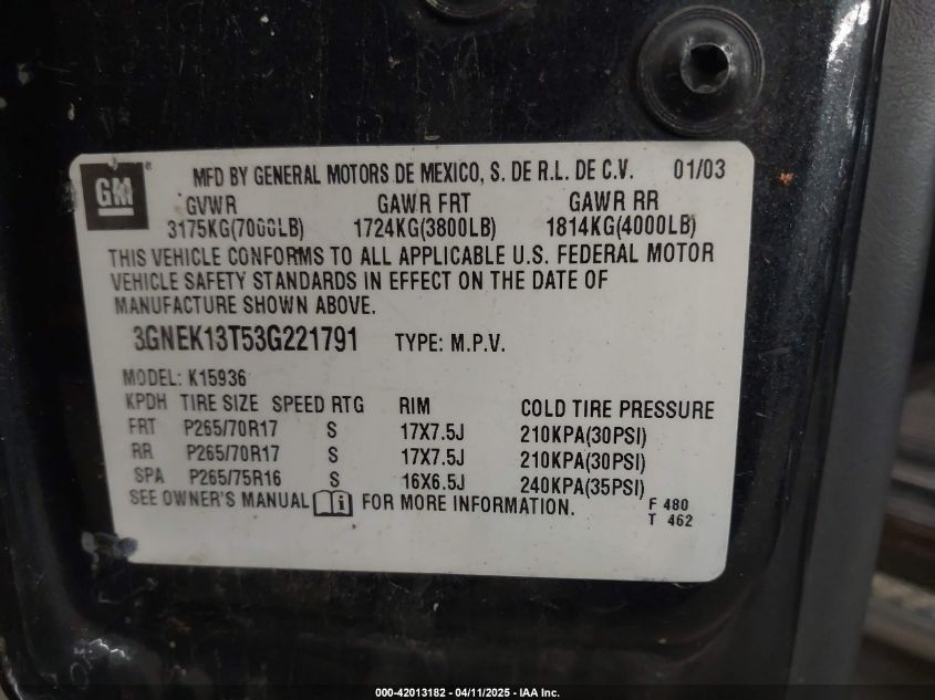 2003 Chevrolet Avalanche K1500 VIN: 3GNEK13T53G221791 Lot: 42013182