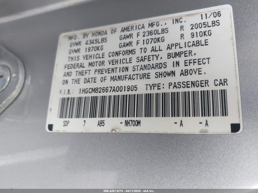 2007 HONDA ACCORD VIN: 1HGCM82667A001905