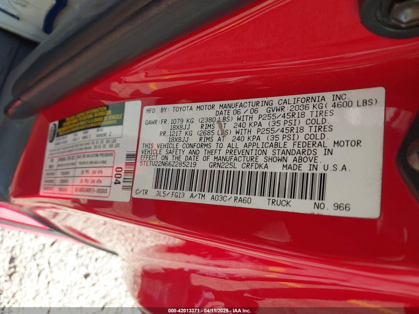 2006 TOYOTA TACOMA VIN: 5TETU22N66Z285219