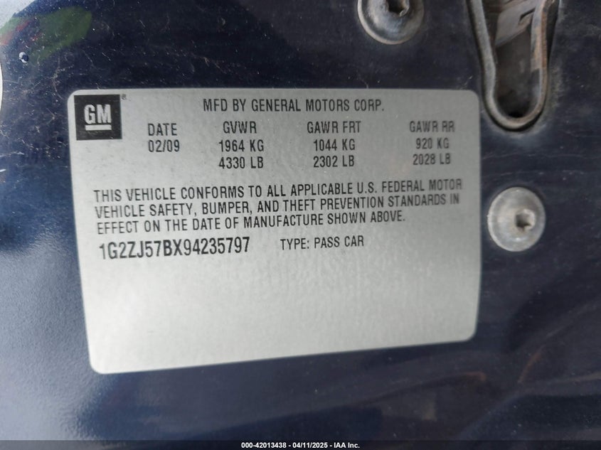 2009 PONTIAC G6 VIN: 1G2ZJ57BX94235797