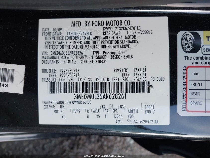 2010 MERCURY MILAN HYBRID VIN: 3MEDM0L35AR628261