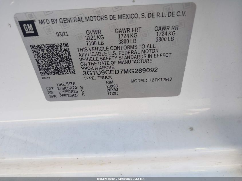 2021 GMC Sierra 1500 - 3GTU9CED7MG289092