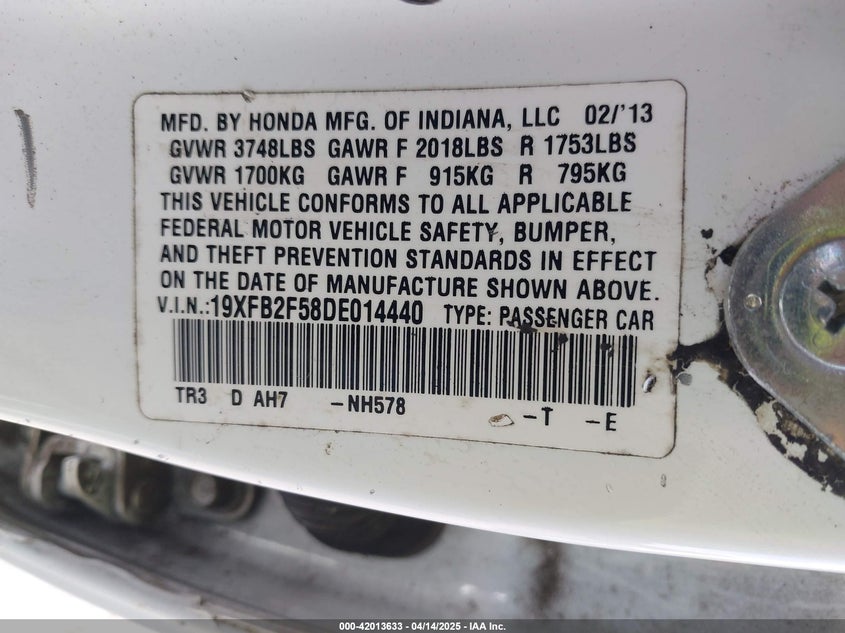 2013 HONDA CIVIC VIN: 19XFB2F58DE014440
