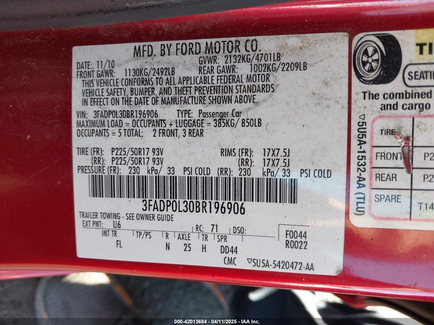 2011 FORD FUSION VIN: 3FADP0L30BR196906