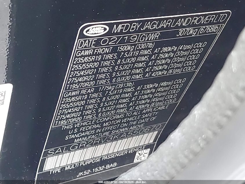 2019 Land Rover Range Rover - SALGR2RV3KA550670