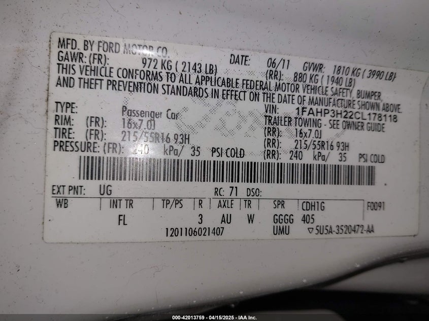 2012 FORD FOCUS VIN: 1FAHP3H22CL178118