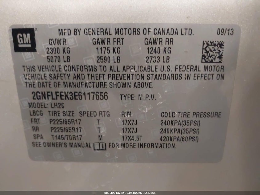 2014 CHEVROLET EQUINOX VIN: 2GNFLFEK3E6117656