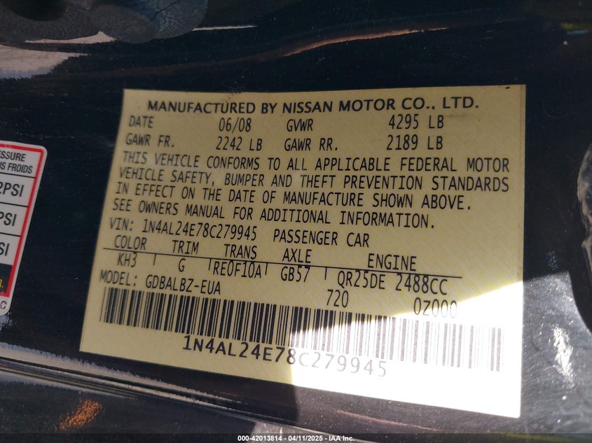 2008 NISSAN ALTIMA VIN: 1N4AL24E78C279945
