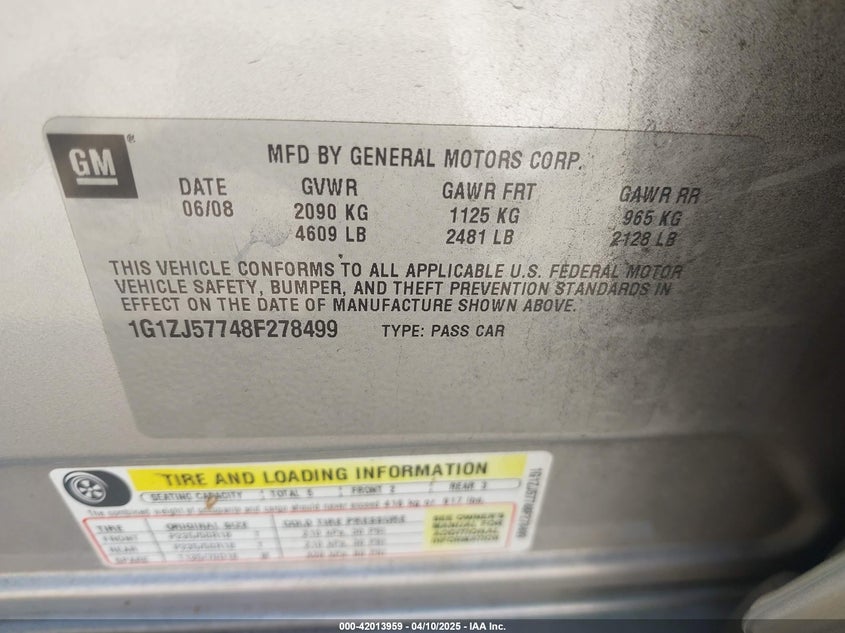 2008 CHEVROLET MALIBU VIN: 1G1ZJ57748F278499