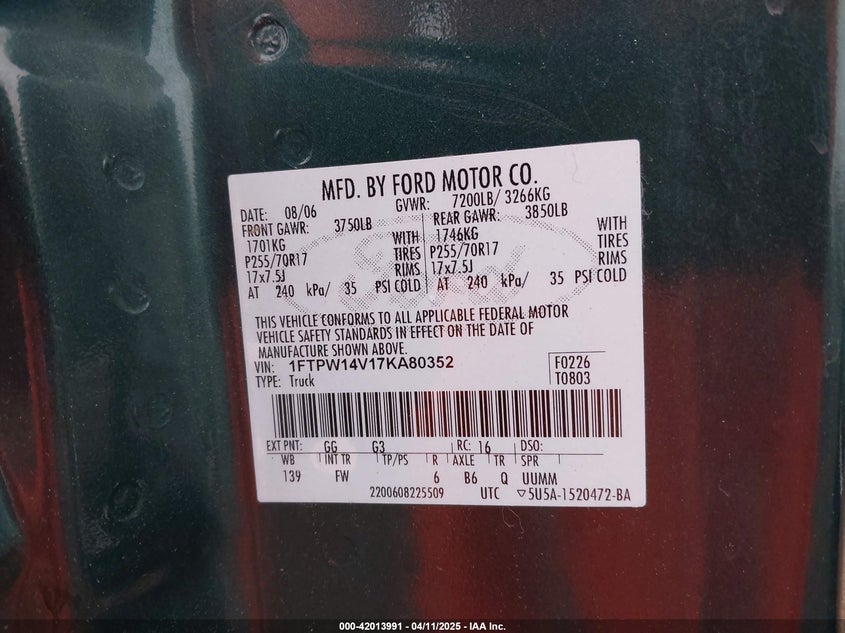 2007 FORD F150 VIN: 1FTPW14V17KA80352