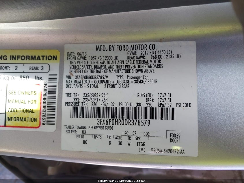 2013 FORD FUSION VIN: 3FA6P0HR0DR378579