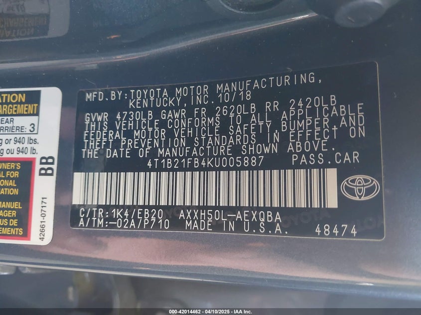 2019 TOYOTA AVALON HYBRID VIN: 4T1B21FB4KU005887