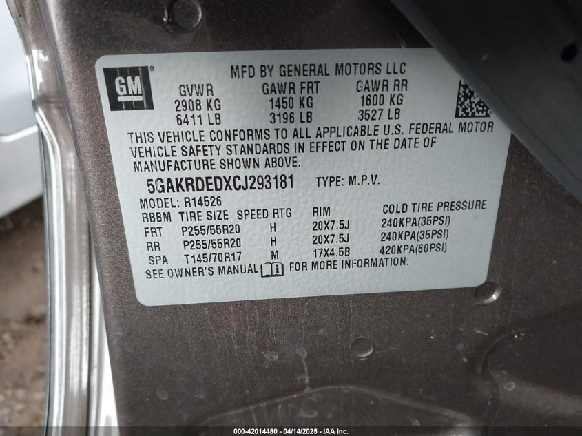 2012 BUICK ENCLAVE VIN: 5GAKRDEDXCJ293181