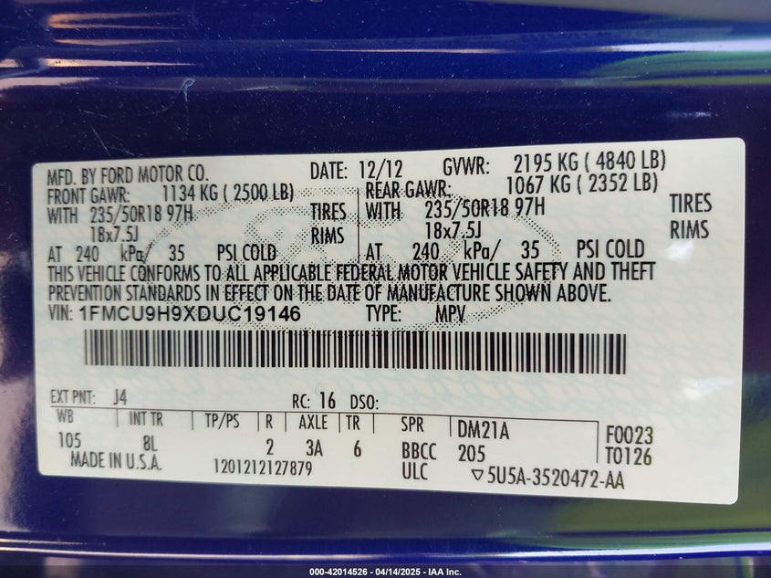 2013 FORD ESCAPE VIN: 1FMCU9H9XDUC19146