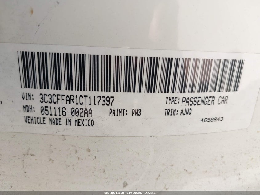 2012 FIAT 500 VIN: 3C3CFFAR1CT117397