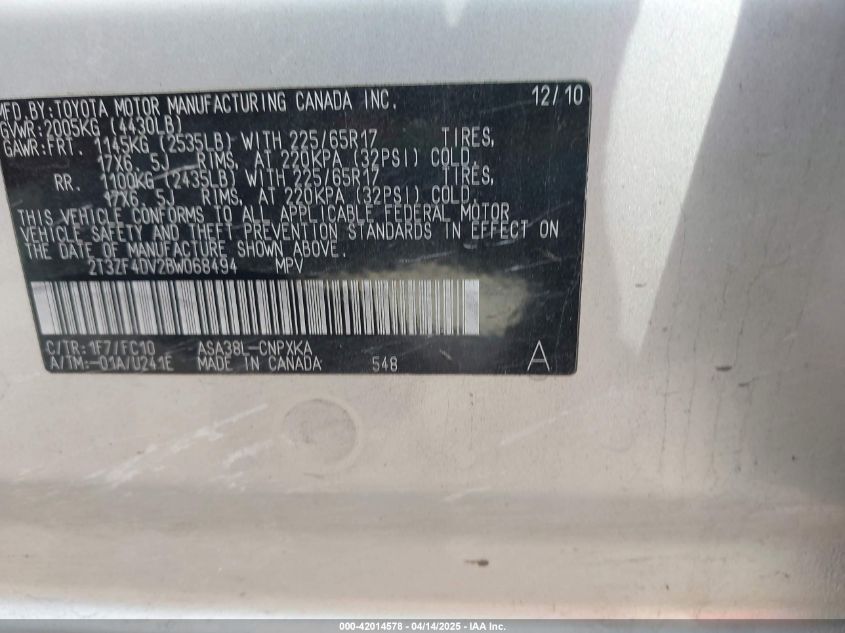 2011 Toyota Rav4 VIN: 2T3ZF4DV2BW068494 Lot: 42014578