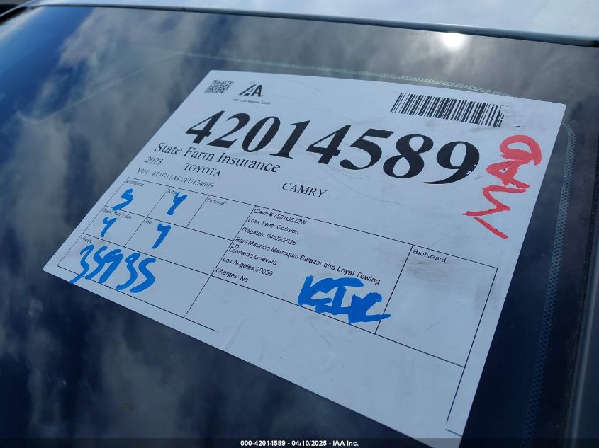 2023 Toyota Camry Se Nightshade Edition VIN: 4T1G11AK7PU134603 Lot: 42014589