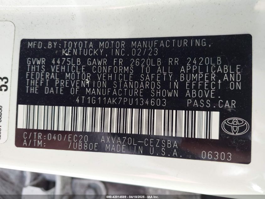 2023 Toyota Camry Se Nightshade Edition VIN: 4T1G11AK7PU134603 Lot: 42014589