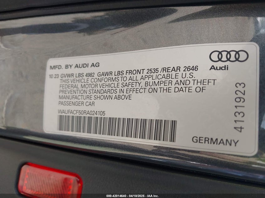 2024 AUDI A5 SPORTBACK VIN: WAUFACF50RA024105