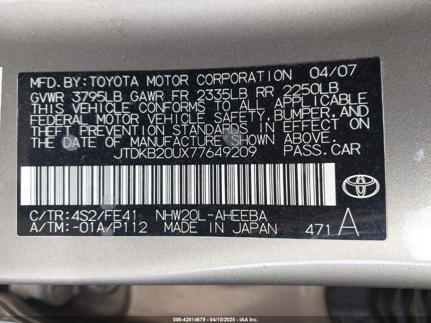 2007 Toyota Prius VIN: JTDKB20UX77649209 Lot: 42014679