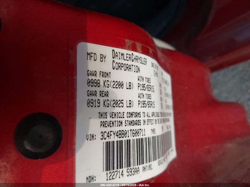 2001 Chrysler Pt Cruiser VIN: 3C4FY4BB01T600711 Lot: 42014718