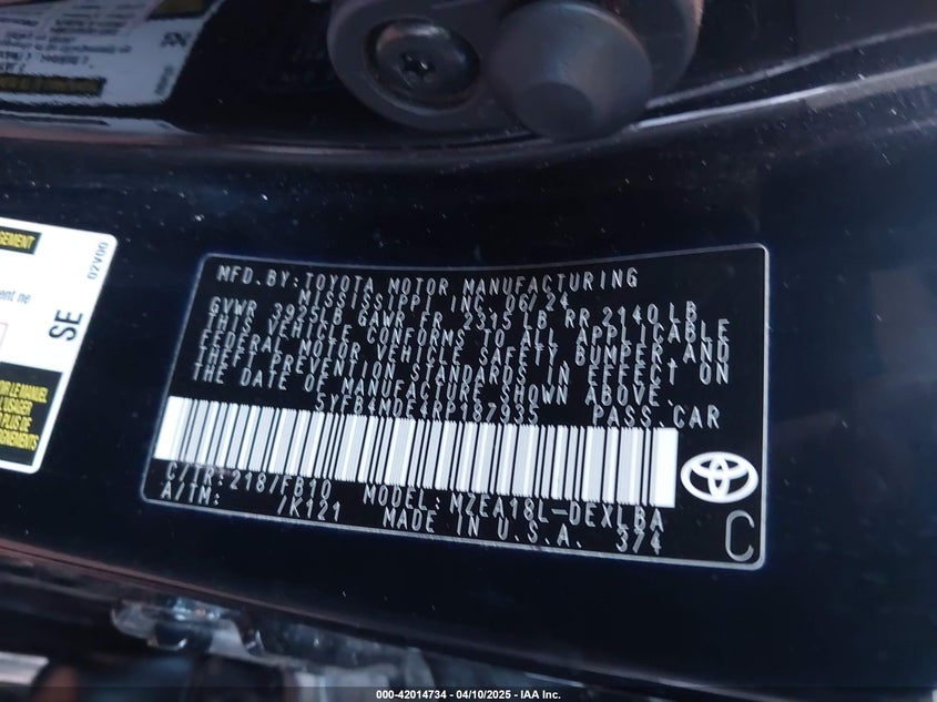 2024 TOYOTA COROLLA VIN: 5YFB4MDE4RP187935