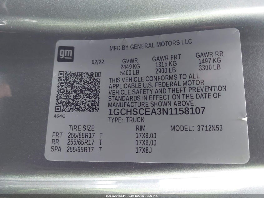 2022 CHEVROLET COLORADO VIN: 1GCHSCEA3N1158107