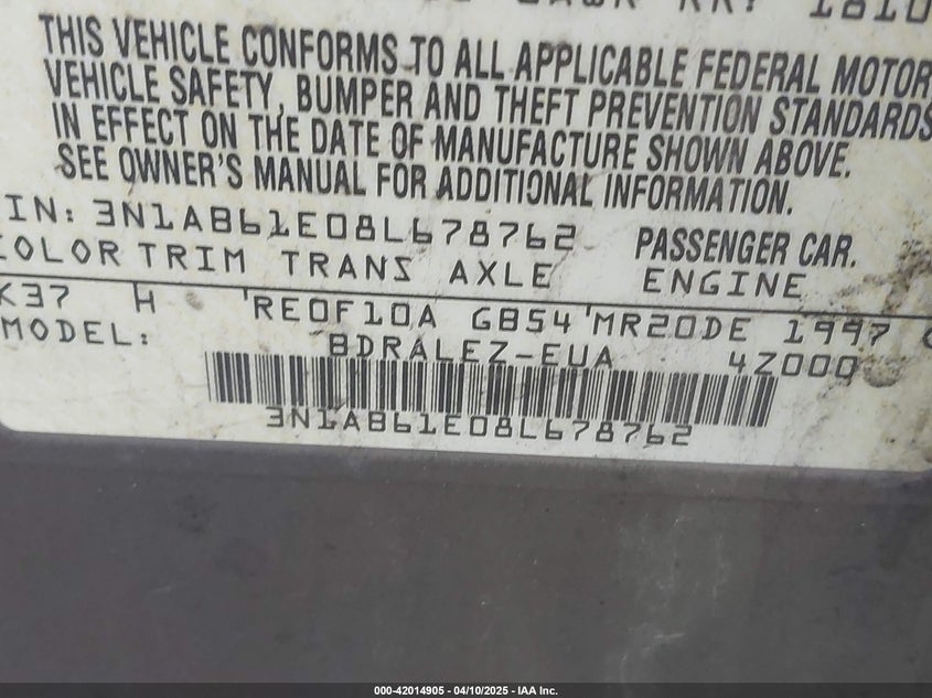 2008 NISSAN SENTRA VIN: 3N1AB61E08L678762