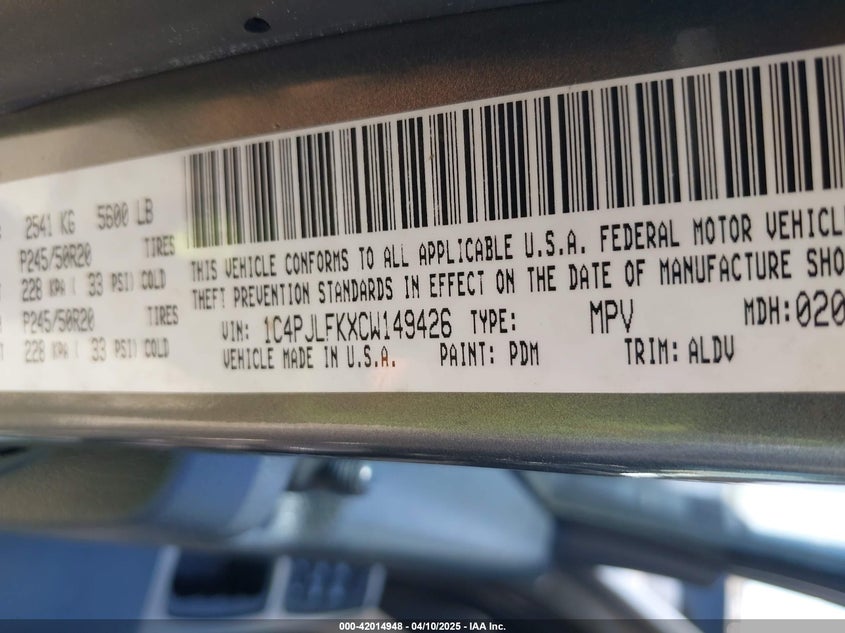 2012 JEEP LIBERTY VIN: 1C4PJLFKXCW149426