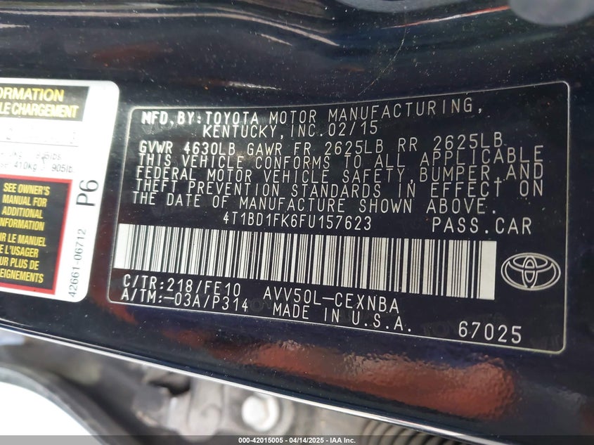 2015 TOYOTA CAMRY VIN: 4T1BD1FK6FU157623