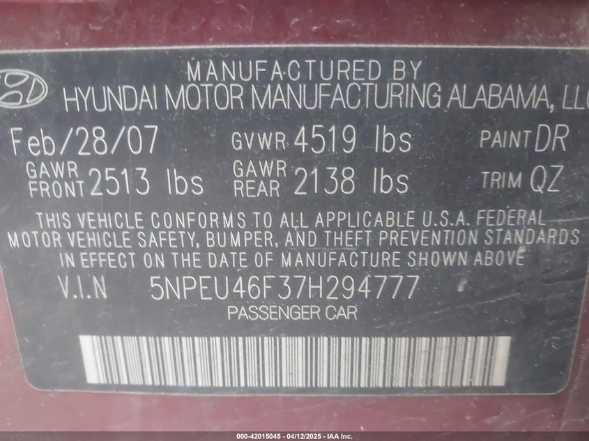 2007 HYUNDAI SONATA VIN: 5NPEU46F37H294777