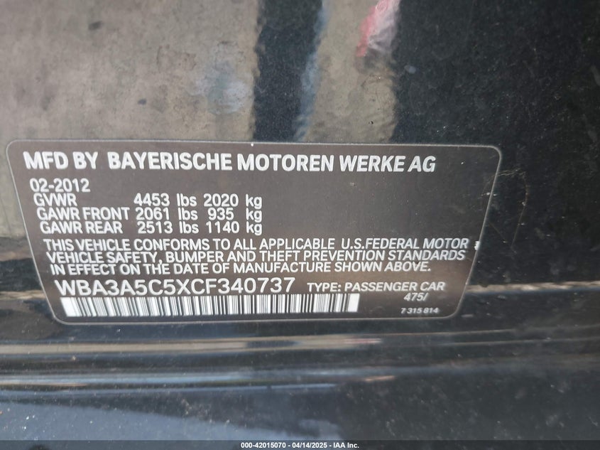 2012 BMW 328I VIN: WBA3A5C5XCF340737