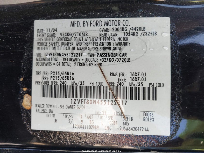 2005 Ford Mustang V6 Deluxe/V6 Premium VIN: 1ZVFT80N455122217 Lot: 42015083