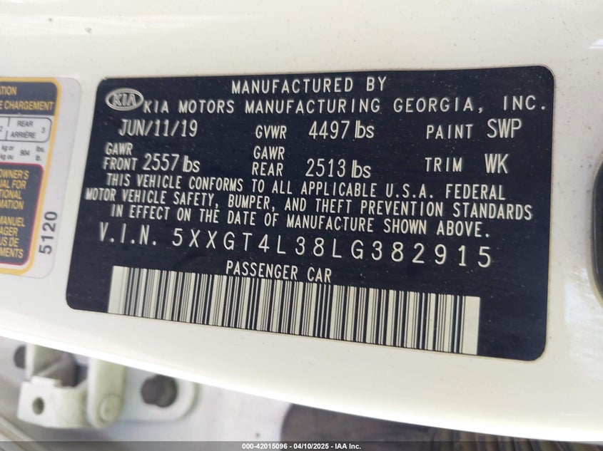 2020 KIA OPTIMA VIN: 5XXGT4L38LG382915