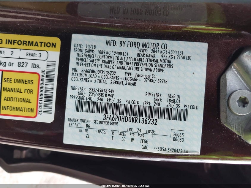 VIN 3FA6P0HD0KR136232 2019 FORD FUSION SE