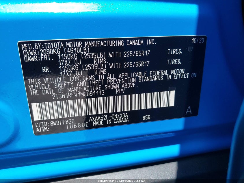 2021 TOYOTA RAV4 2.5L I-4 DI, DOHC, V(VIN: 2T3H1RFV1MC091113