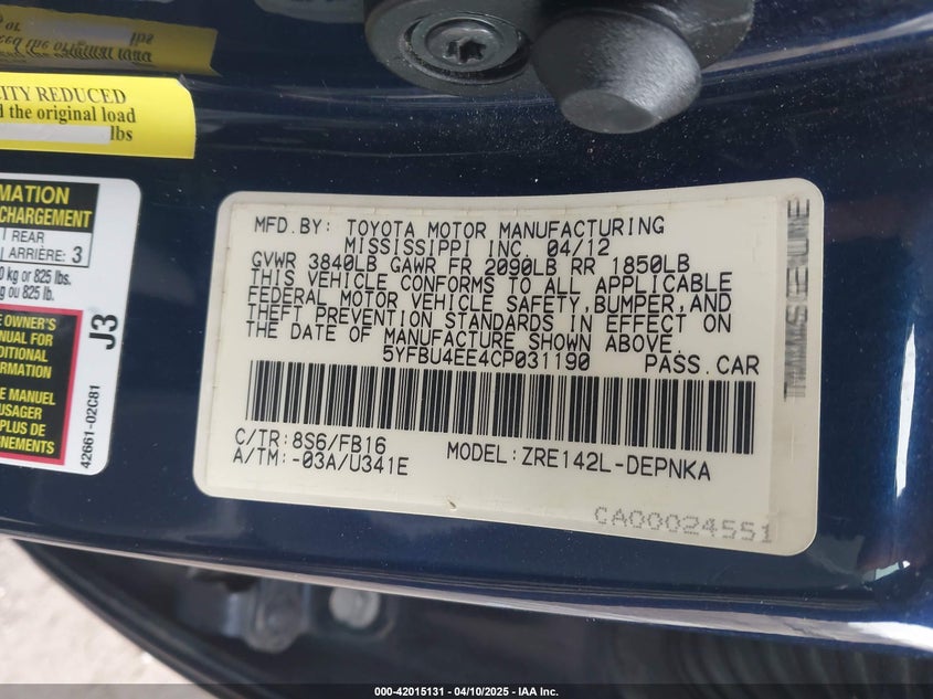 2012 TOYOTA COROLLA VIN: 5YFBU4EE4CP031190