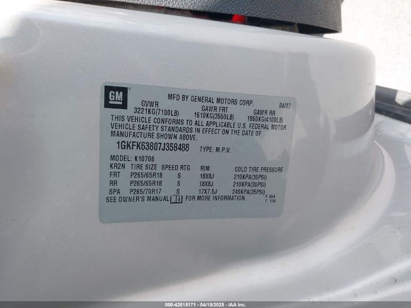 2007 GMC Yukon Denali VIN: 1GKFK63807J358488 Lot: 42015171