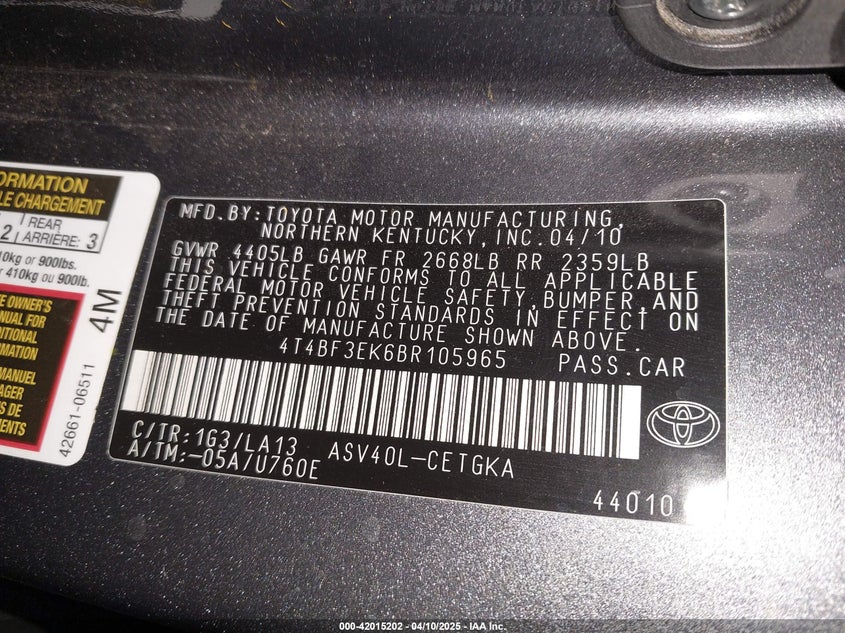 2011 TOYOTA CAMRY VIN: 4T4BF3EK6BR105965