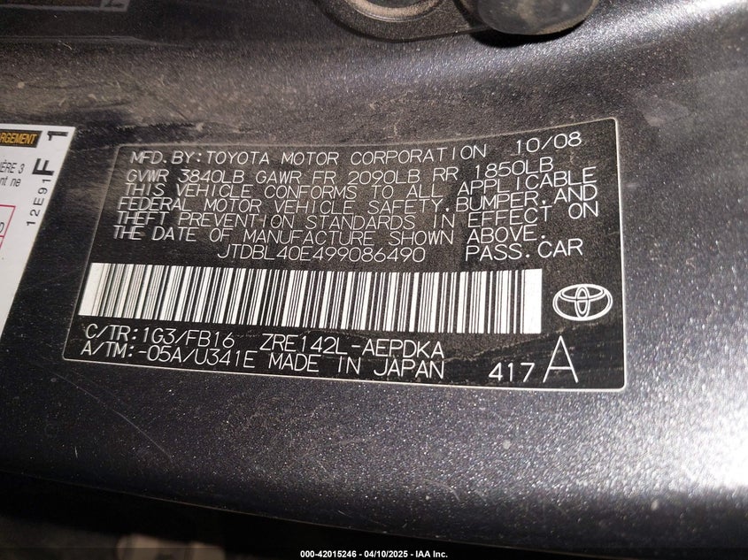 2009 TOYOTA COROLLA VIN: JTDBL40E499086490