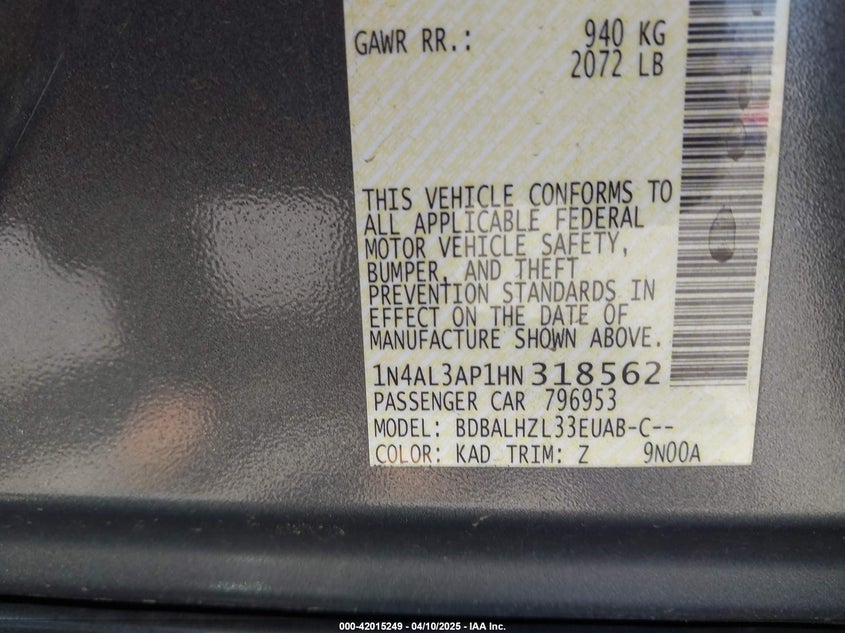 VIN 1N4AL3AP1HN318562 2017 NISSAN ALTIMA 2.5 SR