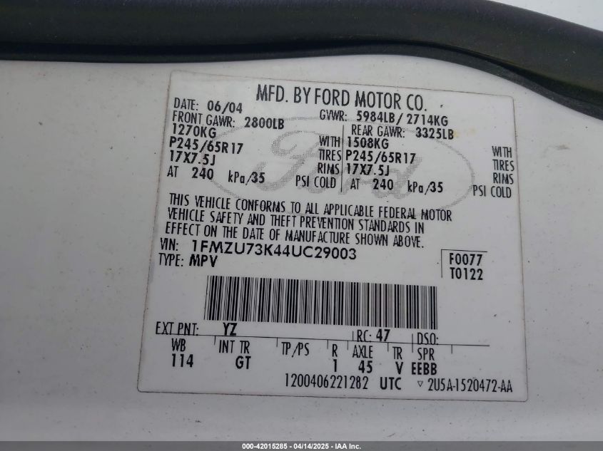 2004 Ford Explorer Nbx/Xlt VIN: 1FMZU73K44UC2900 Lot: 42015285
