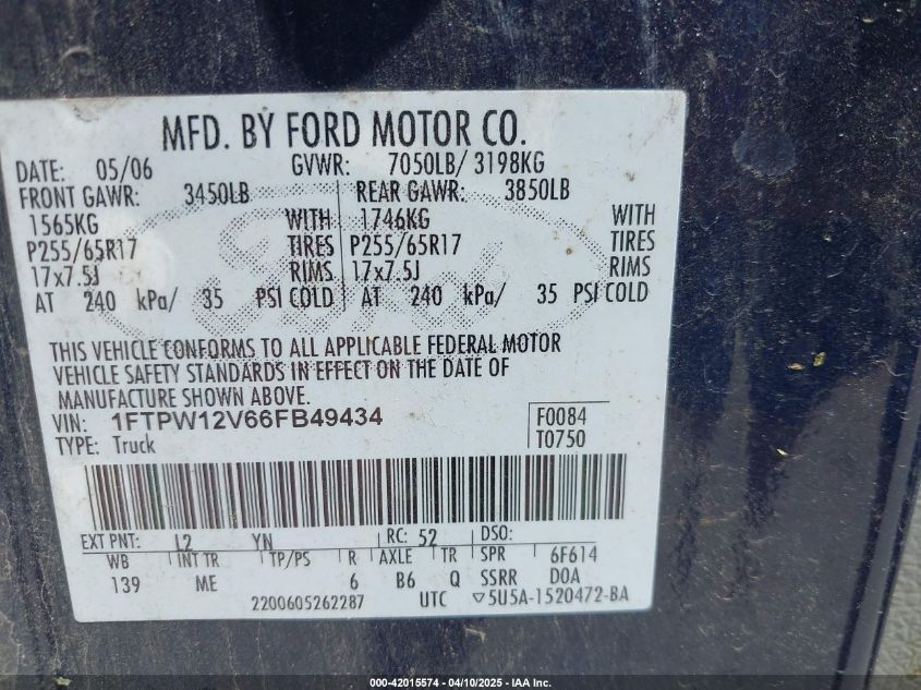 2006 Ford F-150 Lariat/Xlt VIN: 1FTPW12V66FB49434 Lot: 42015574