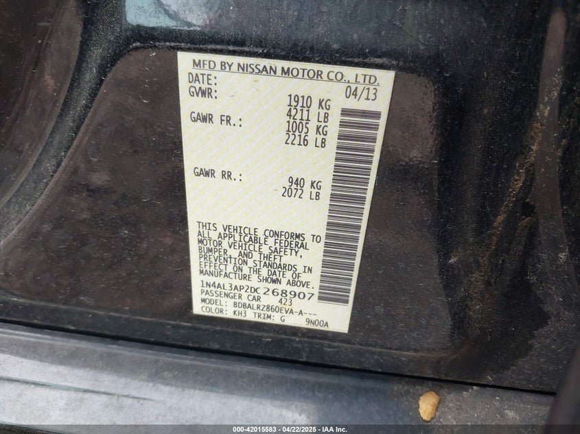 2013 NISSAN ALTIMA VIN: 1N4AL3AP2DC268907
