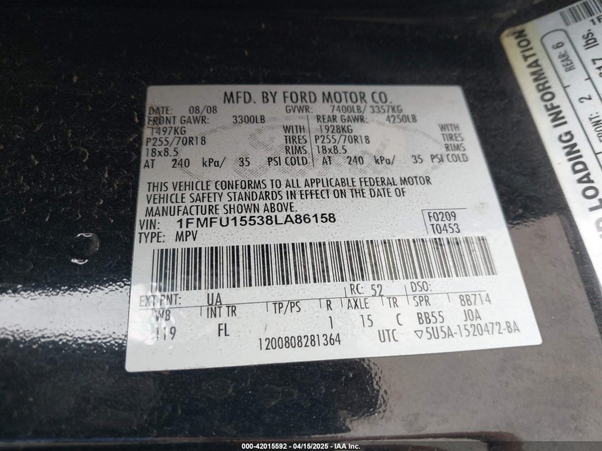 2008 FORD EXPEDITION VIN: 1FMFU15538LA86158